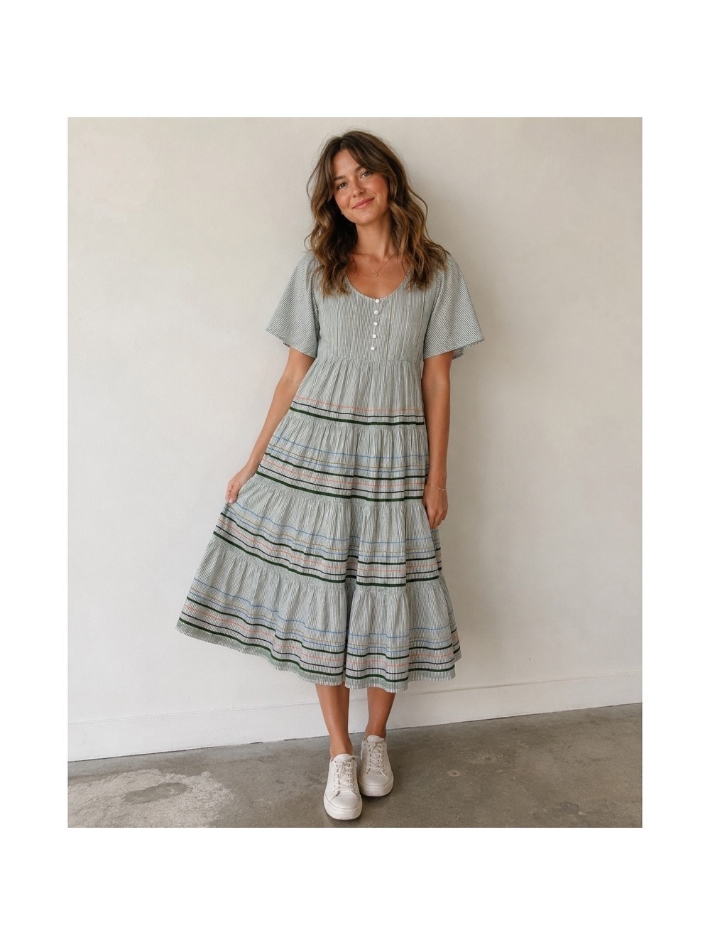 Roller Rabbit Murello Mabel Seersucker Tiered Midi Dress Green Small